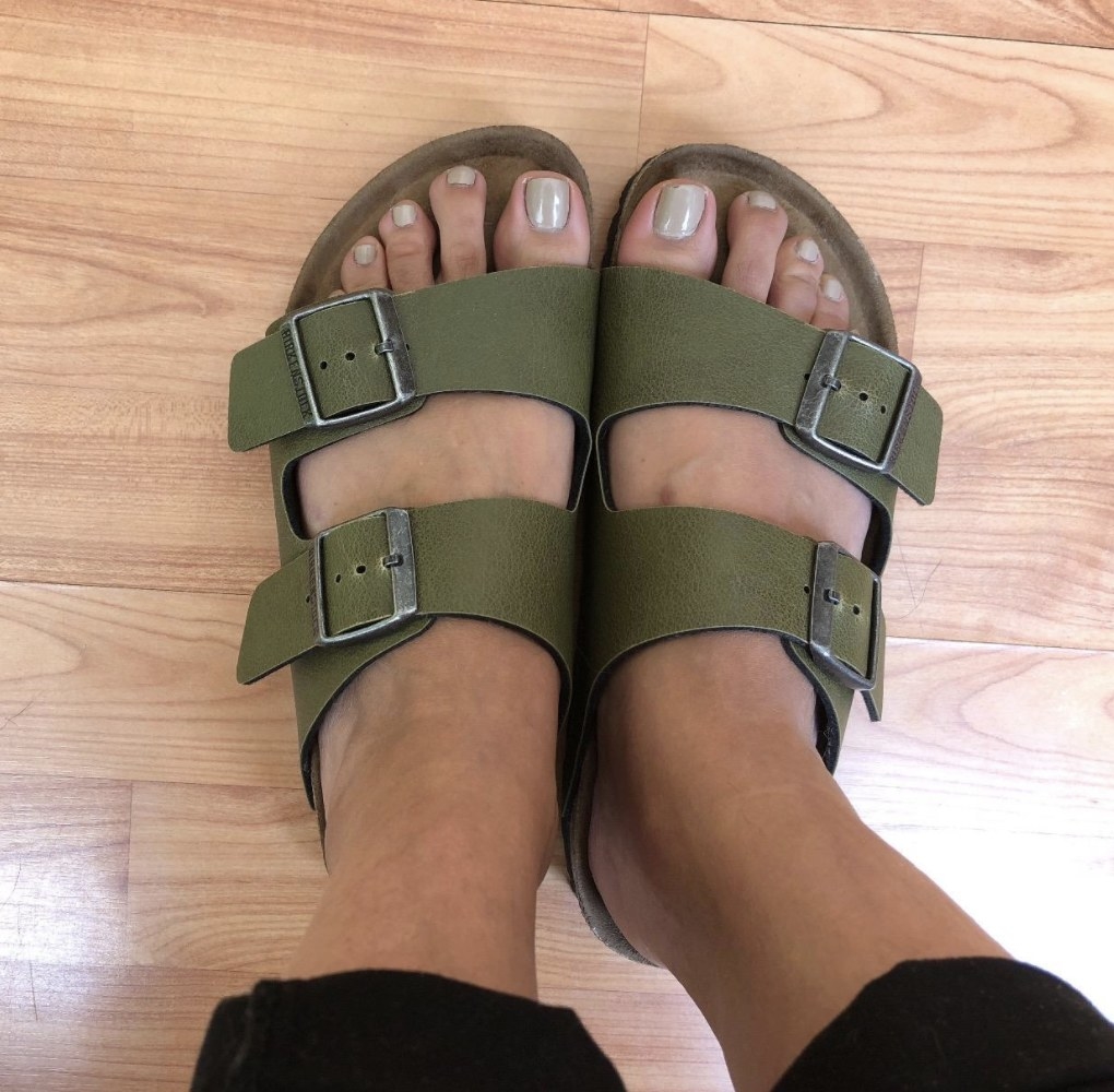Reviewer photo of the green Birkenstocks
