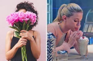 On the left, someone holding a bouquet of flowers in front of their face, and on the right, Betty from "Riverdale" sipping on a vanilla milkshake