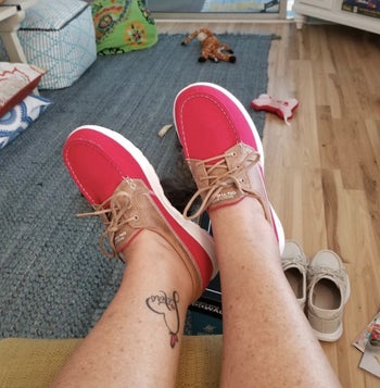 Red and tan boat shoes