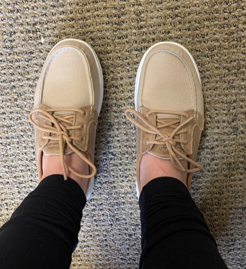 Reviewer photo of the beige boat shoes