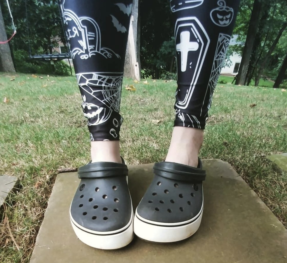Reviewer photo of the black and white platform Crocs