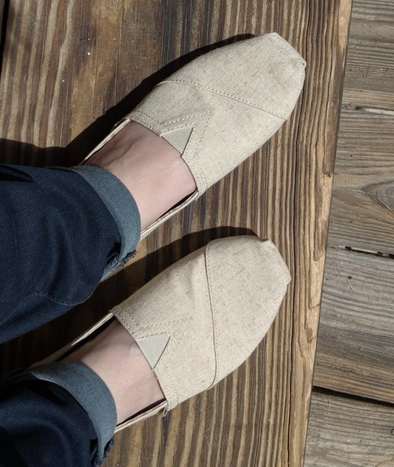Reviewer photo of tan canvas slip on shoes