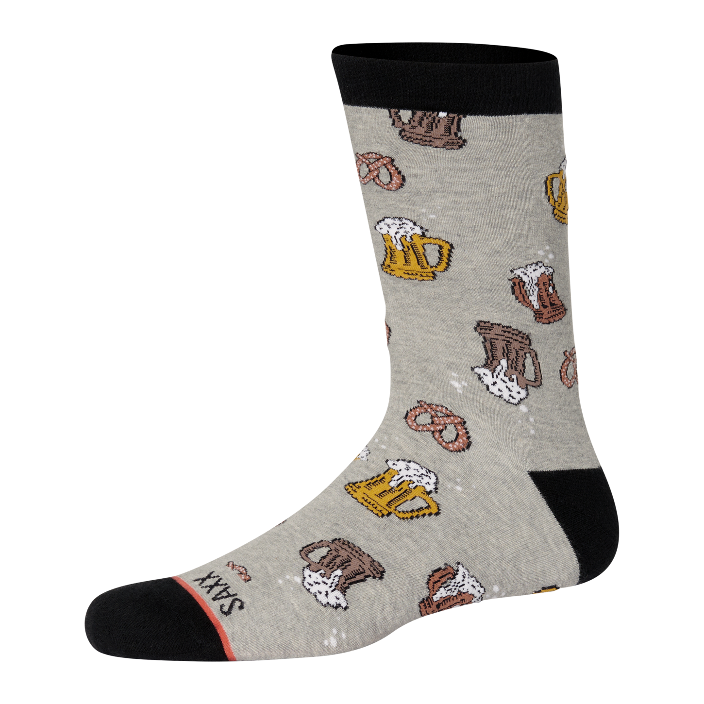 sock with a cartoon print of beer steins and pretzels