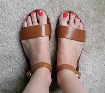 Reviewer pic of the tan thick strap sandals