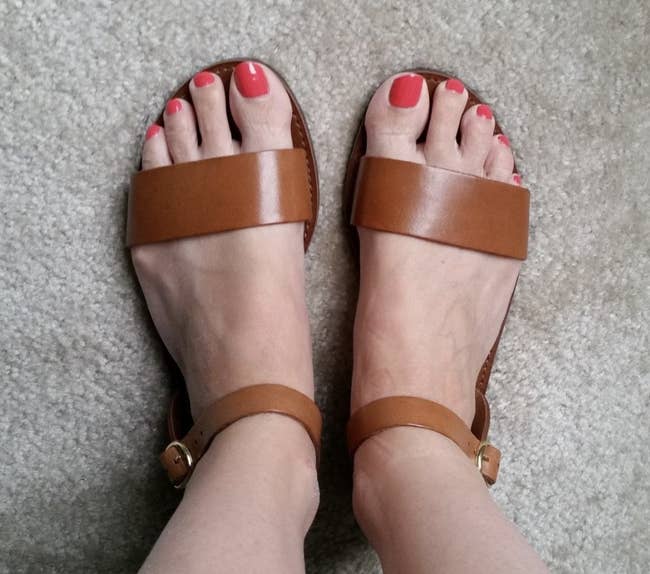Reviewer photo of the tan thick strap sandals