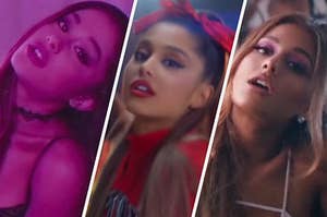 Ariana Grande tilts her head to the side in three different music videos.