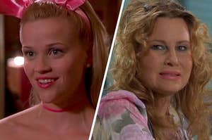 Reese Witherspoon as Elle Woods and Jennifer Coolidge as Paulette Bonafonté in the movie "Legally Blonde."