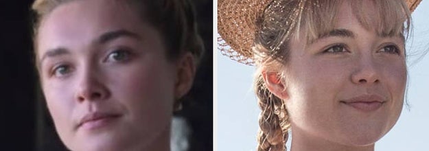 Amy from Little Women as an adult with a middle part and Amy as a kid with bangs and braids