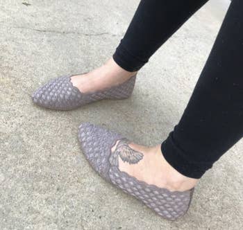 Reviewer pic of the scalloped trim flats in a grey color