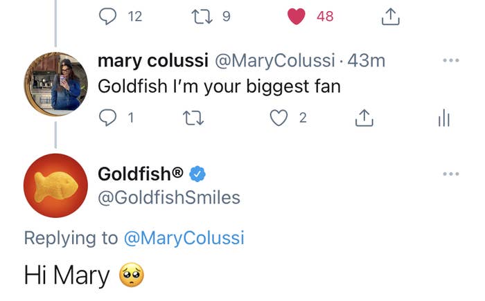 Goldfish responds to my Tweet with &quot;Hi Mary&quot; 