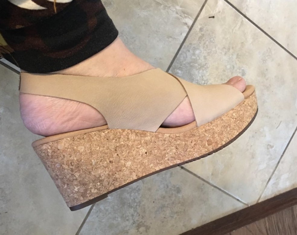 Reviewer photo of the beige wedge sandals