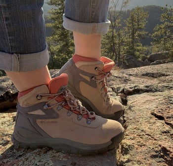 Tan and grey hiking boots