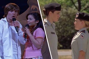 Zac Efron as Troy Bolton and Vanessa Hudgens as Gabriella Montez in the movie "High School Musical" and Hilary Duff as Kelly Joselyn Collins and Christy Carlson Romano as Jennifer Stone in the movie "Cadet Kelly."