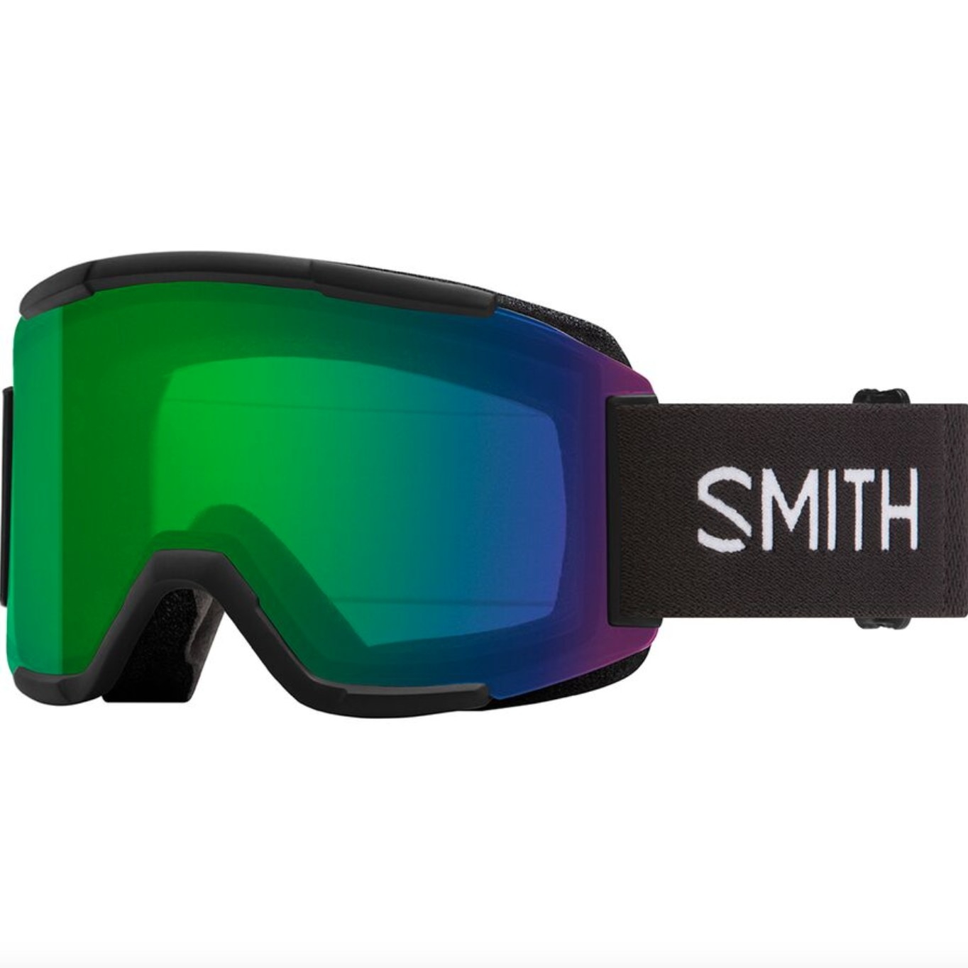 A pair of Smith squad goggles with a green mirrored lens