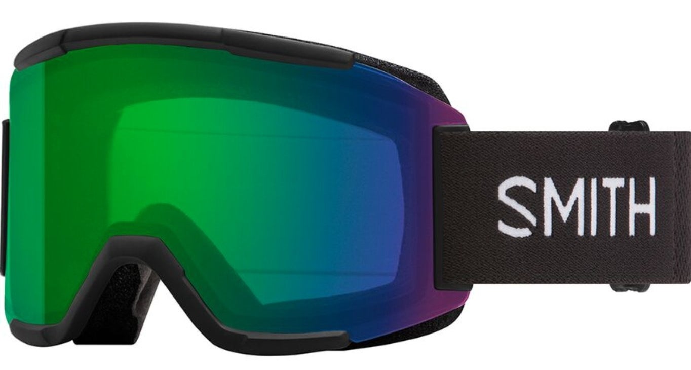 A pair of Smith squad goggles with a green mirrored lens