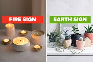 On the left, some lit ceramic candles of various sizes on a table labeled "fire sign," and on the right, various succulents on a dresser labeled "earth sign"