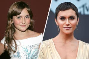 Young Alyson Stoner poses for a picture while sporting long hair and adult Alyson Stoner shows off her new shaved head and smokey eye makeup.
