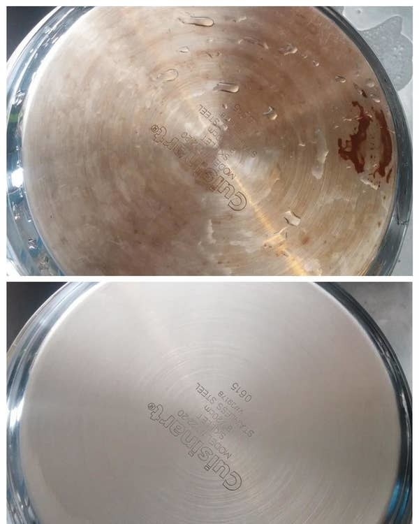 A pot bottom before and after using the product