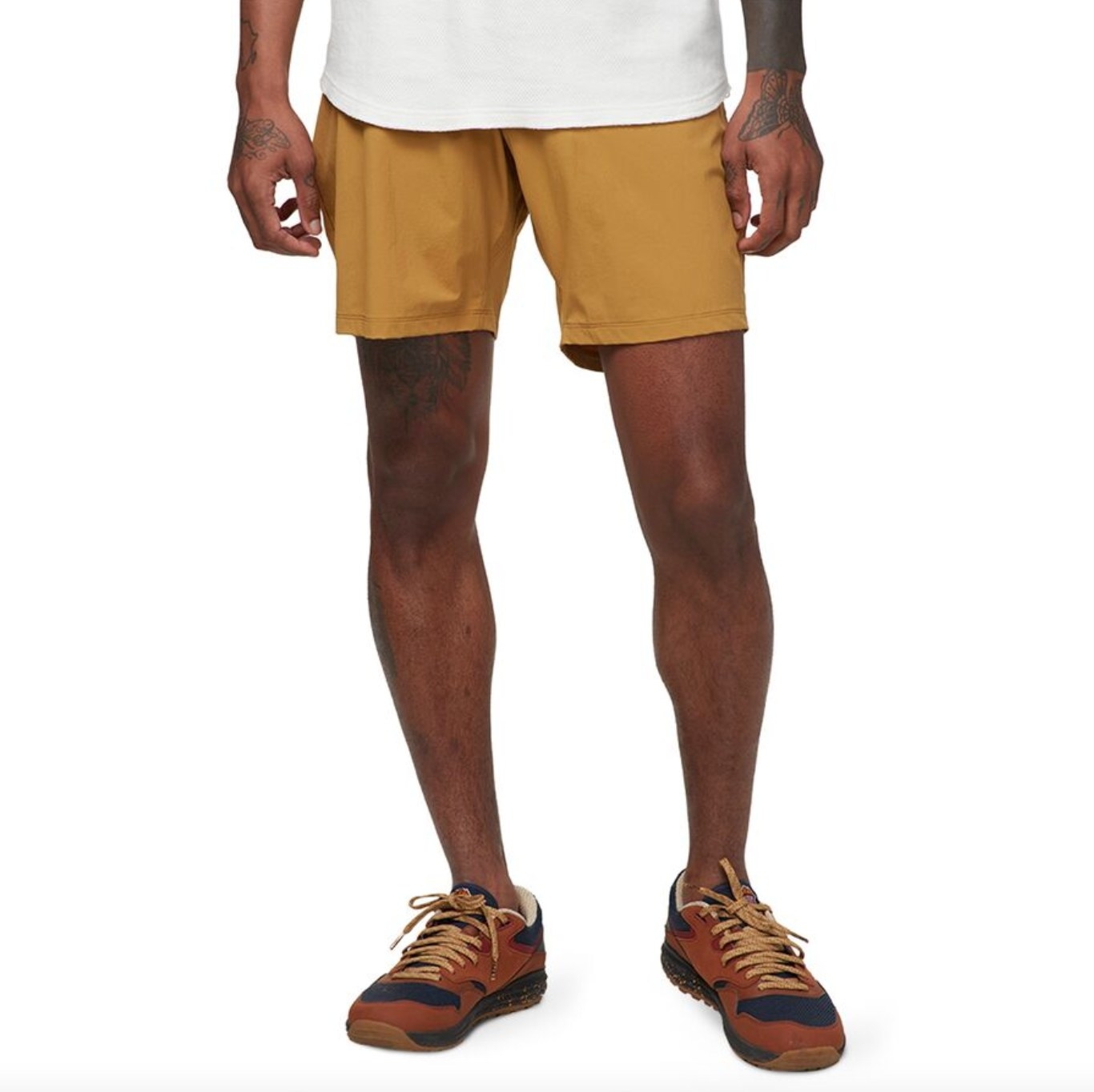 The Backcountry rambler shorts in metal bronze on a model
