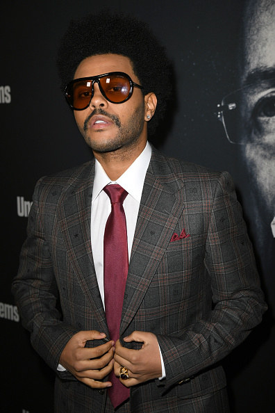 The Weeknd in a checkered suit and sunglasses at the Uncut Gems premiere