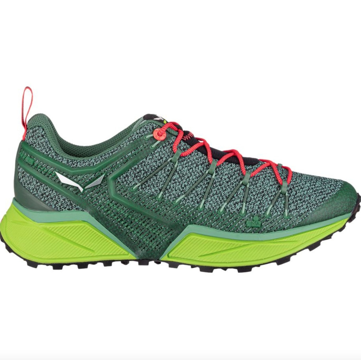 The pair of trail running shoes in green with lime green soles and red laces