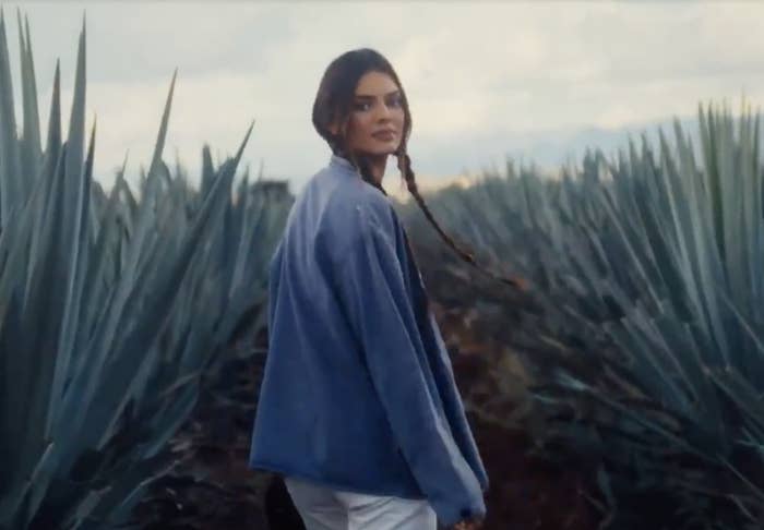 Kendall looks back at the camera while walking through the field