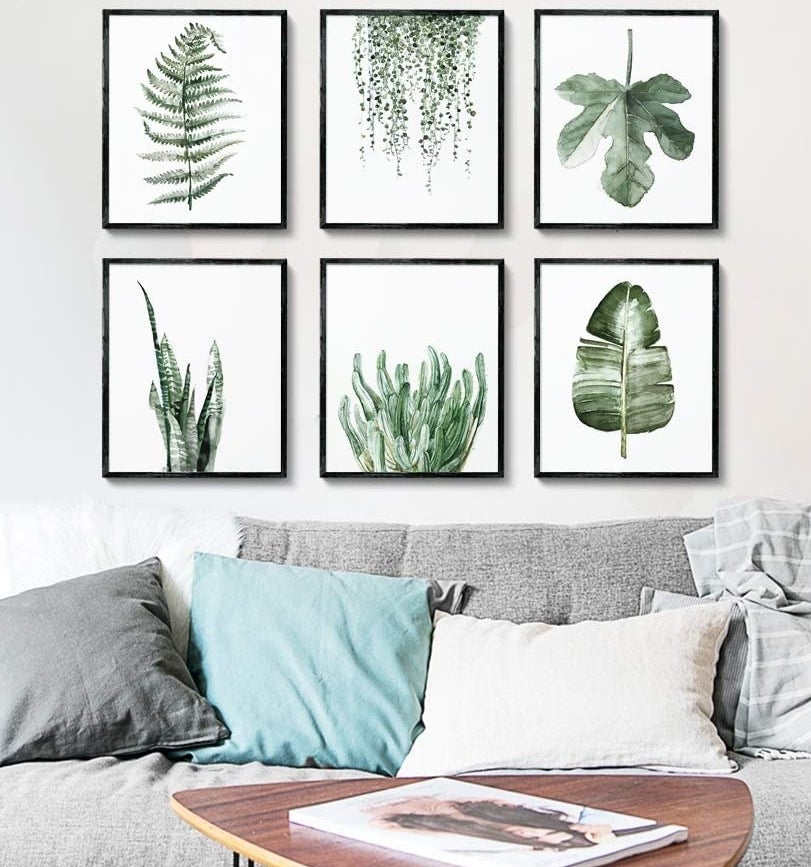 six botanical prints with various greenery on each, hanging above a couch 