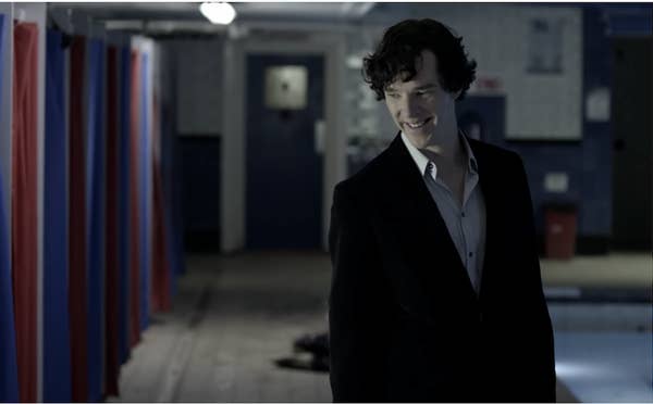 Sherlock in one of his tight suits