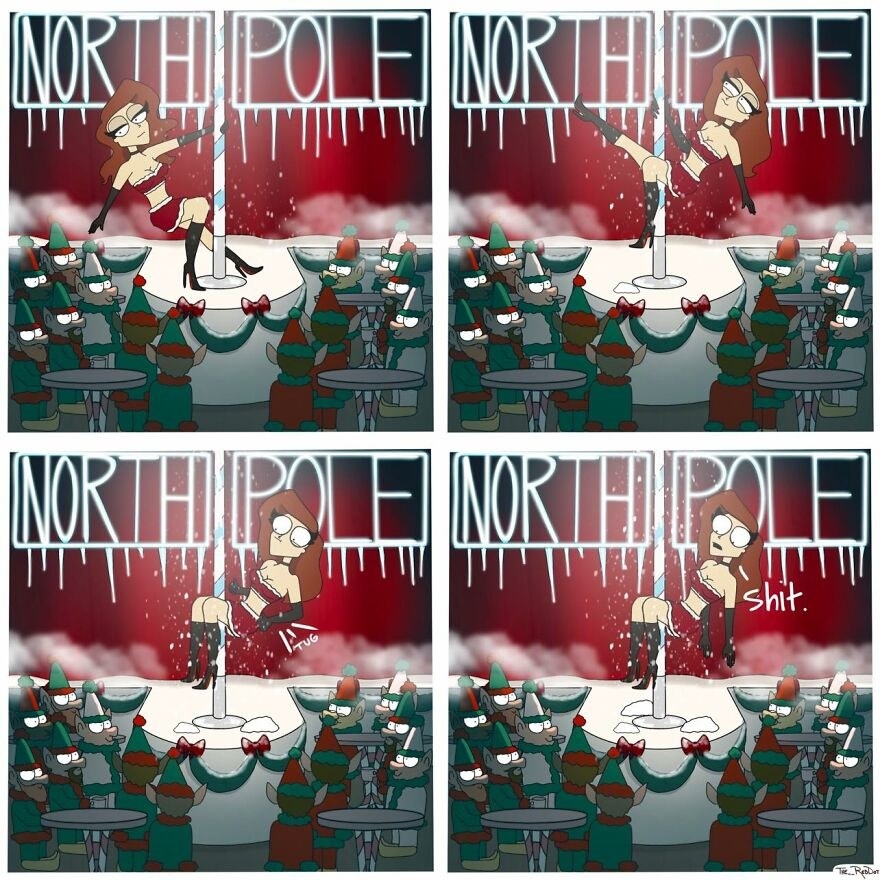 a pole dancer entertaining some elves at the North Pole but her lips get stuck to the pole and not the lips on her face