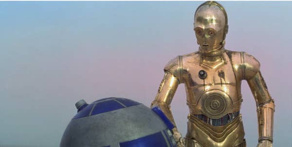 C-3PO talks to R2D2 in the first star wars movie