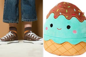 A man is on the left wearing jeans and sneakers with an ice cream cone squishmallow on the right