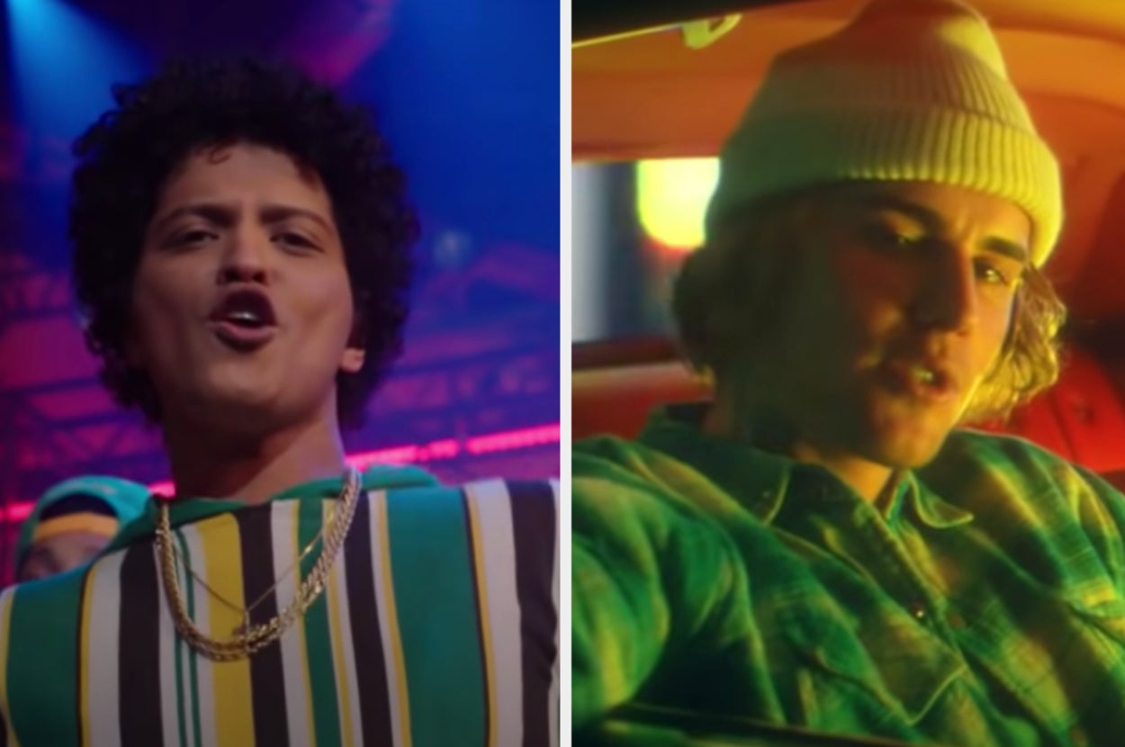 Bruno Mars is on the left singing with Justin Bieber in a car on the right