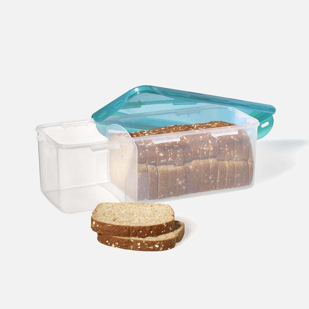 A loaf of sliced bread in a large container with a lid beside it