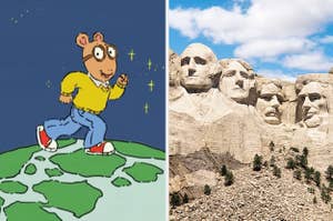 Arthur walking on the globe, next to Mt. Rushmore