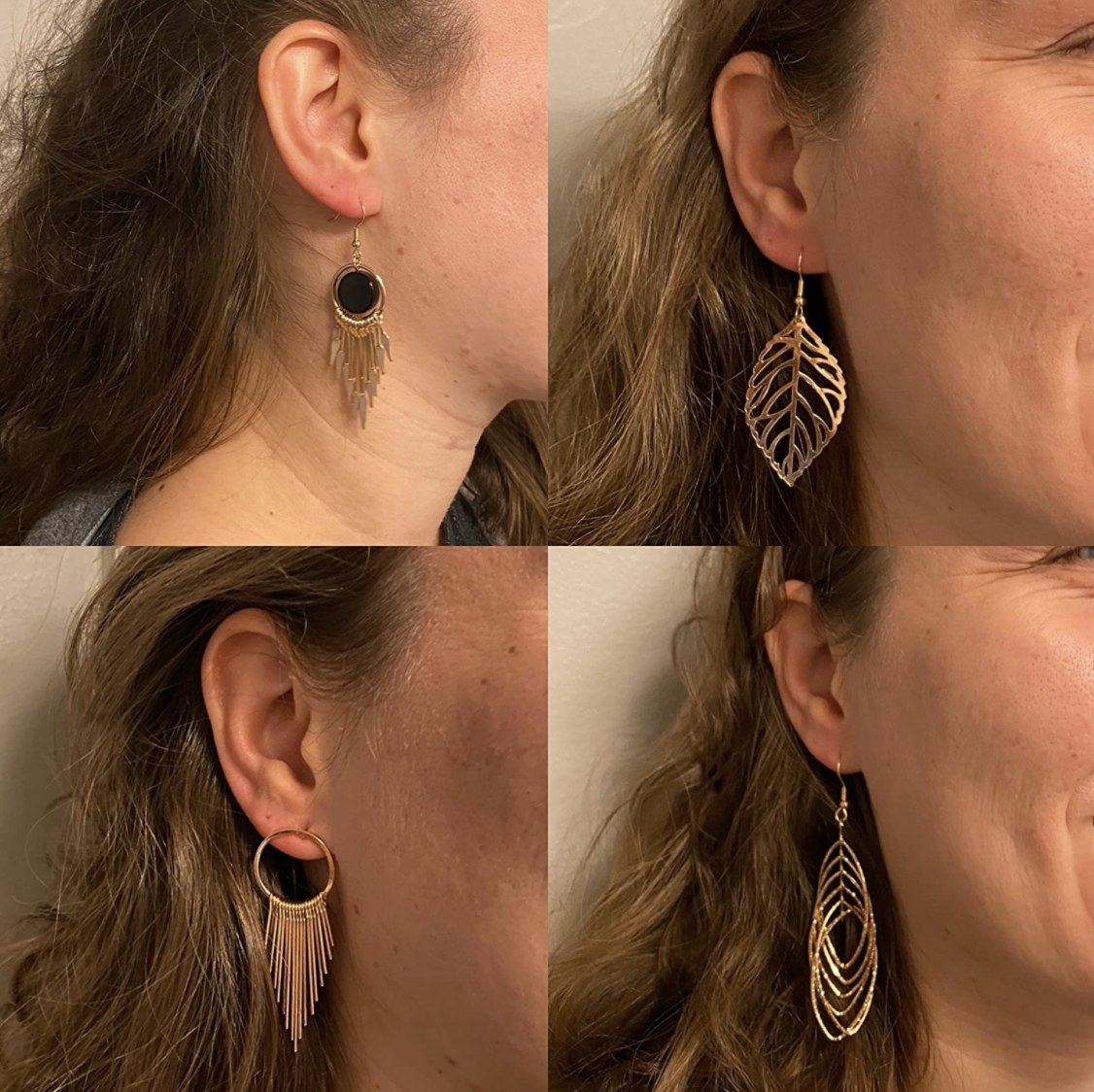 Reviewer photo collage of four earrings on their ears