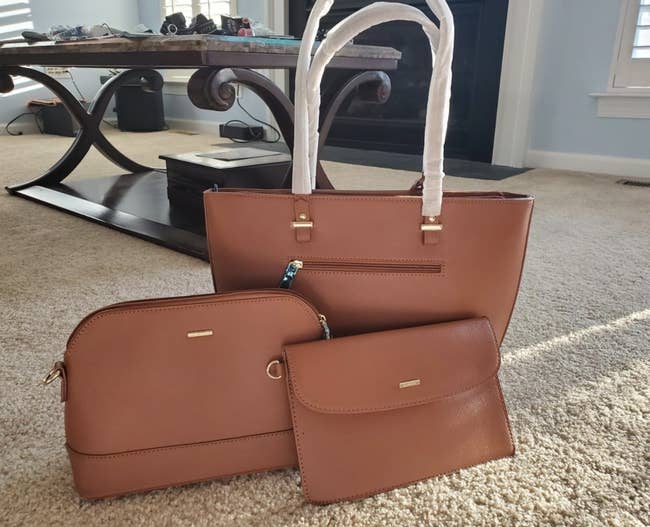 Reviewer photo of the three bags in a tan brown color