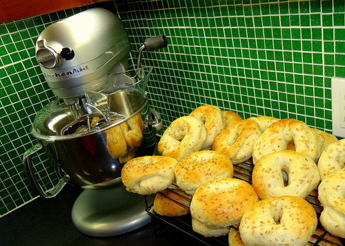 A mixer next to the bagels it made
