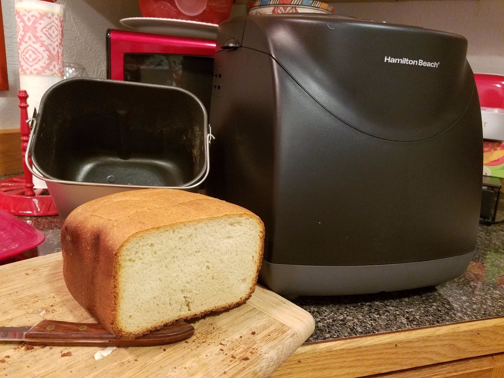 The appliance and some bread it made. which the reviewer cut into so you can see how perfect it is