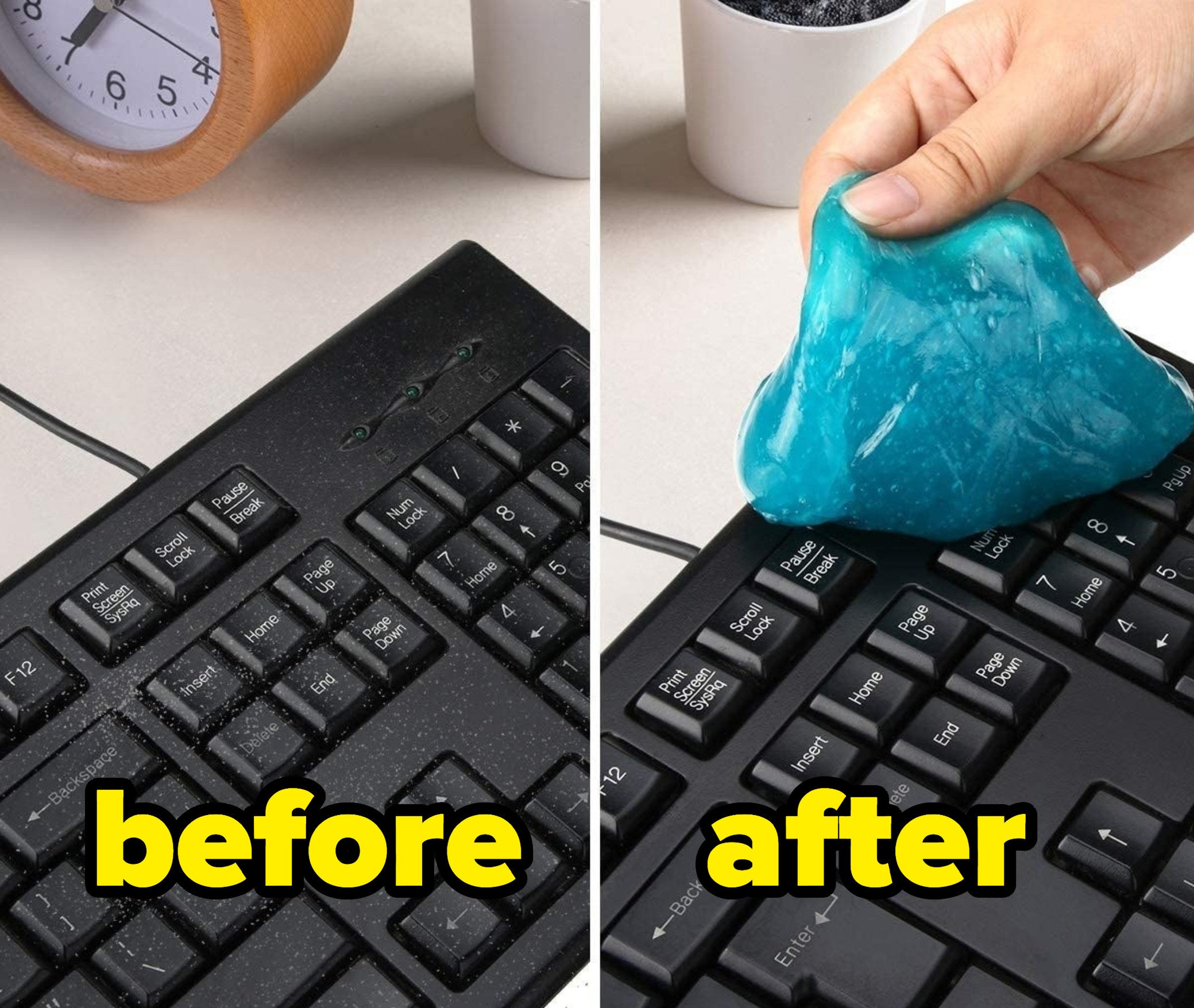 A keyboard before and after being cleaned