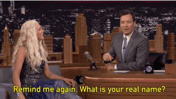 GIF of Jimmy Fallon asking  Kristen Wiig as Khaleesi, &quot;Remind me again; what is your real name?&quot;