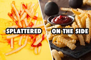 two plates of fries, one splattered with ketchup and the other with ketchup on the side