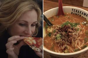 Side-by-side of a woman eating pizza and a bowl of ramen