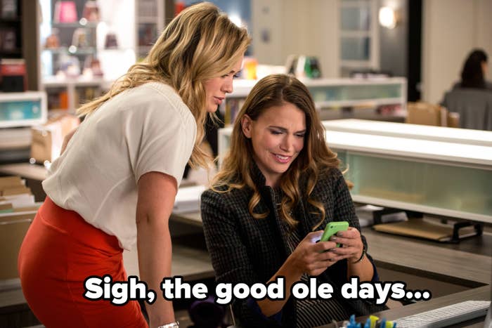 A still from Season 1 of younger with Liza and Kelsey and the caption "Sigh, the good ole days"