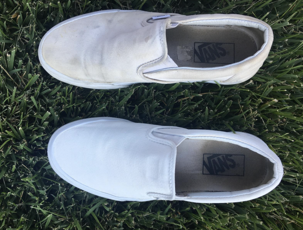 reviewer image comparing a before and after of dirty to clean white sneakers
