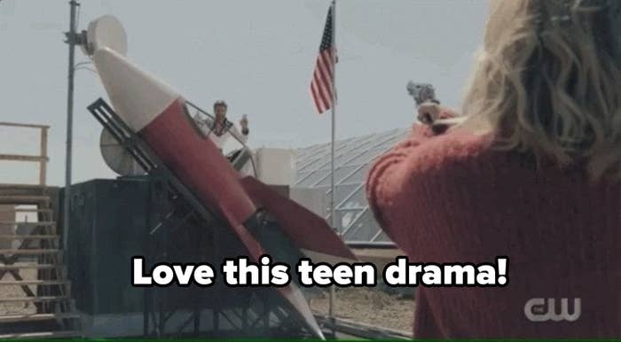 Edgar in his rocket ship with the caption "love this teen drama!"