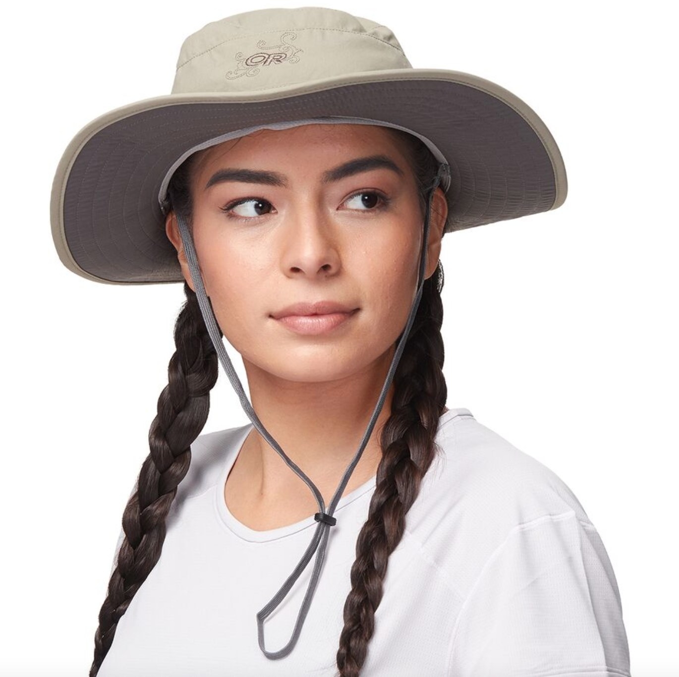 The Outdoor Research sollar roller sun hat on a model