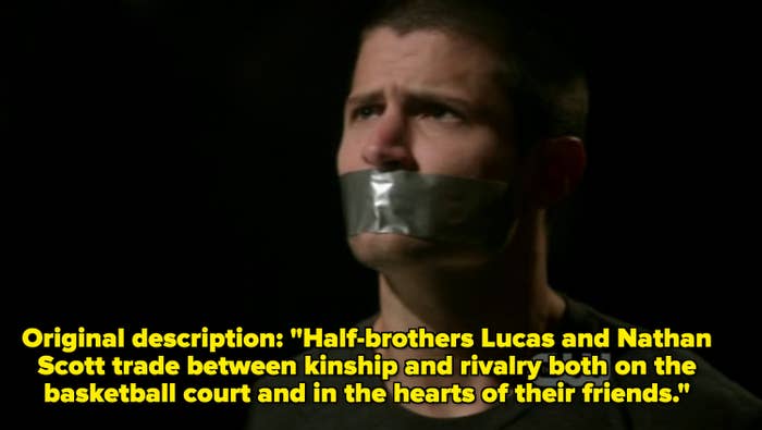Still of Nathan kidnapped in Season 9 of &quot;One Tree Hill&quot; with the original description of the show from Season 1 about two brothers playing basketball over it