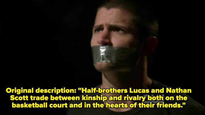 Still of Nathan kidnapped in Season 9 of "One Tree Hill" with the original description of the show from Season 1 about two brothers playing basketball over it