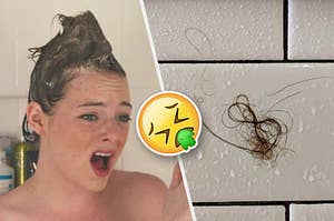 Emma Stone singing in the shower next to a cluster of loose hairs on some bathroom tile