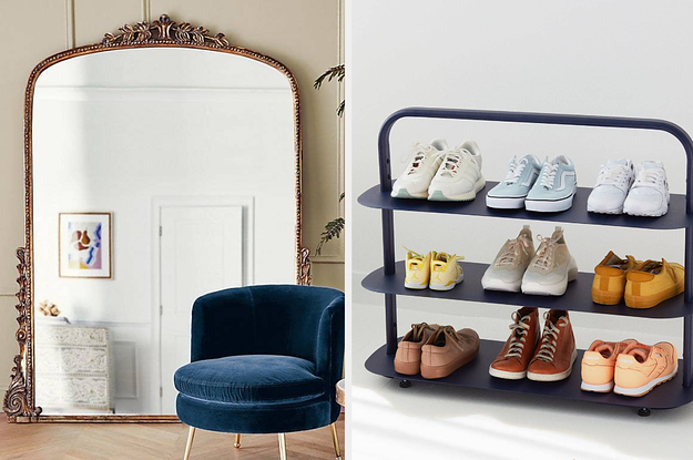 An ornate anthropologie mirror and a blue shoe rack
